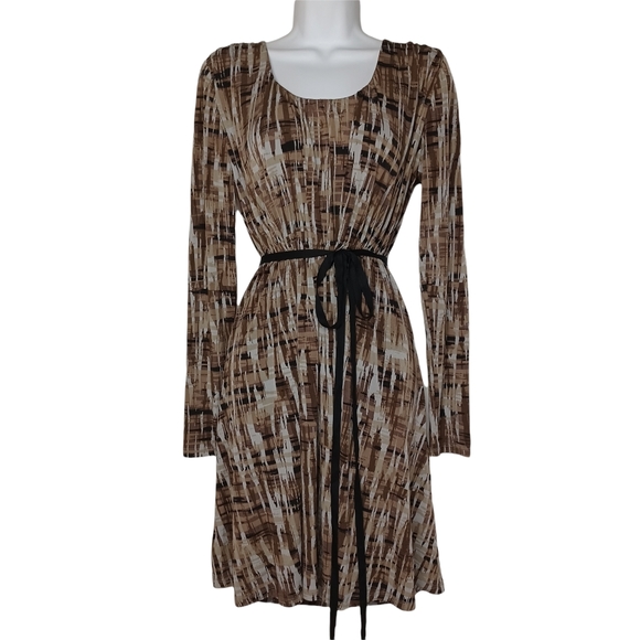 SIMPLY VERA Vera Wang Brown Tan Print Long Sleeve Ribbon Belt Midi Dress Small - Picture 1 of 10